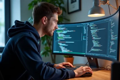 Développeur masculin travaillant sur un grand écran ultrawide avec plusieurs fenêtres de code ouvertes dans un bureau moderne