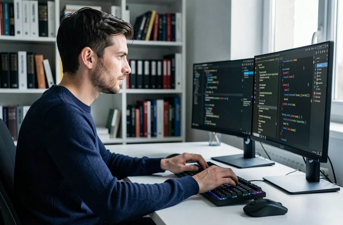 Développeur web full stack polonais travaillant dans son bureau à domicile à Lille, entouré de plusieurs écrans de code