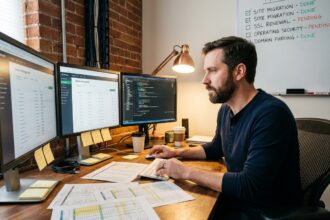 Développeur web masculin gérant plusieurs sites depuis son bureau avec trois écrans affichant des panneaux d'hébergement