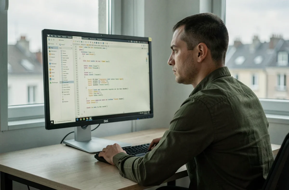 Développeur web à Lille assis à son bureau devant un écran affichant du code HTML et CSS propre