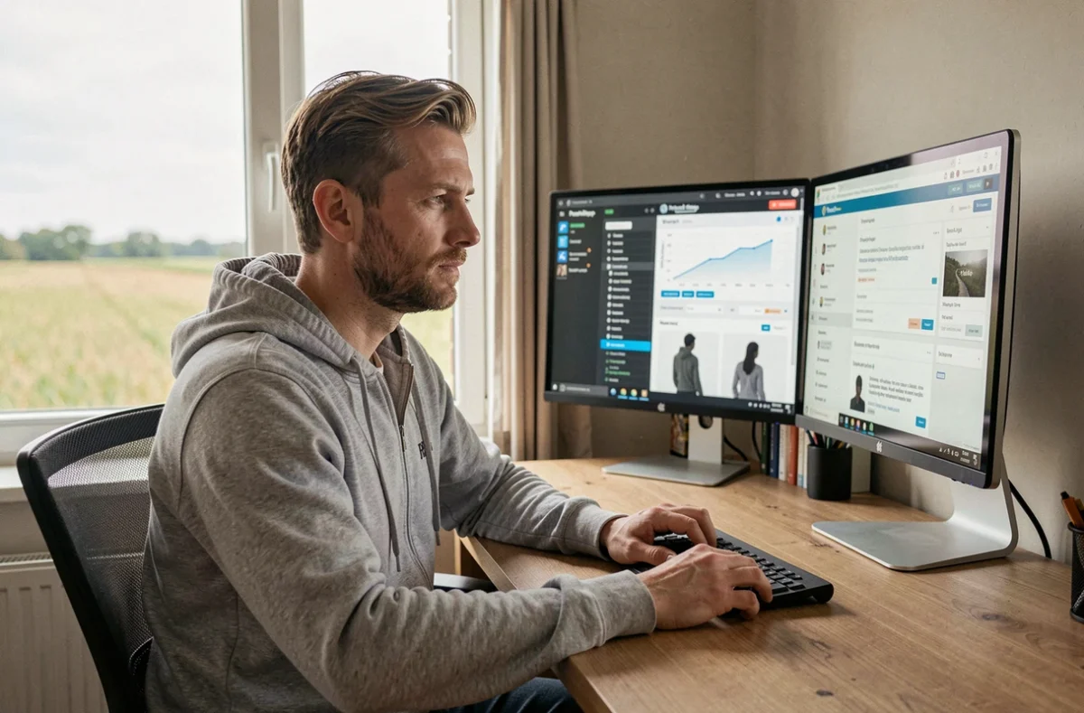 Développeur WordPress et PrestaShop dans son bureau à domicile à Ennevelin, avec des interfaces CMS visibles sur ses écrans