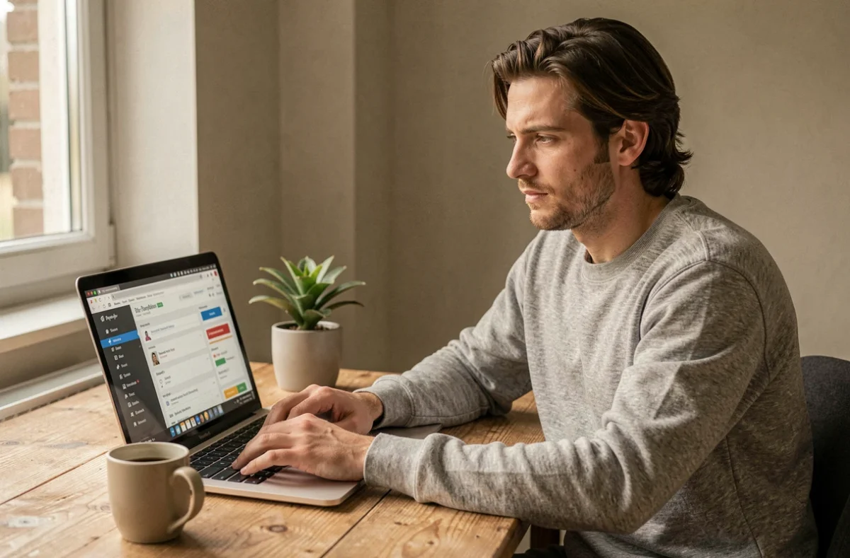 Développeur WordPress en banlieue de Lille travaillant sur son ordinateur portable avec un éditeur de thème WordPress ouvert