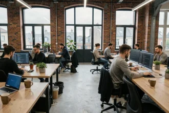 Espace de coworking moderne dans le Nord de la France avec des développeurs freelance travaillant sur leurs ordinateurs