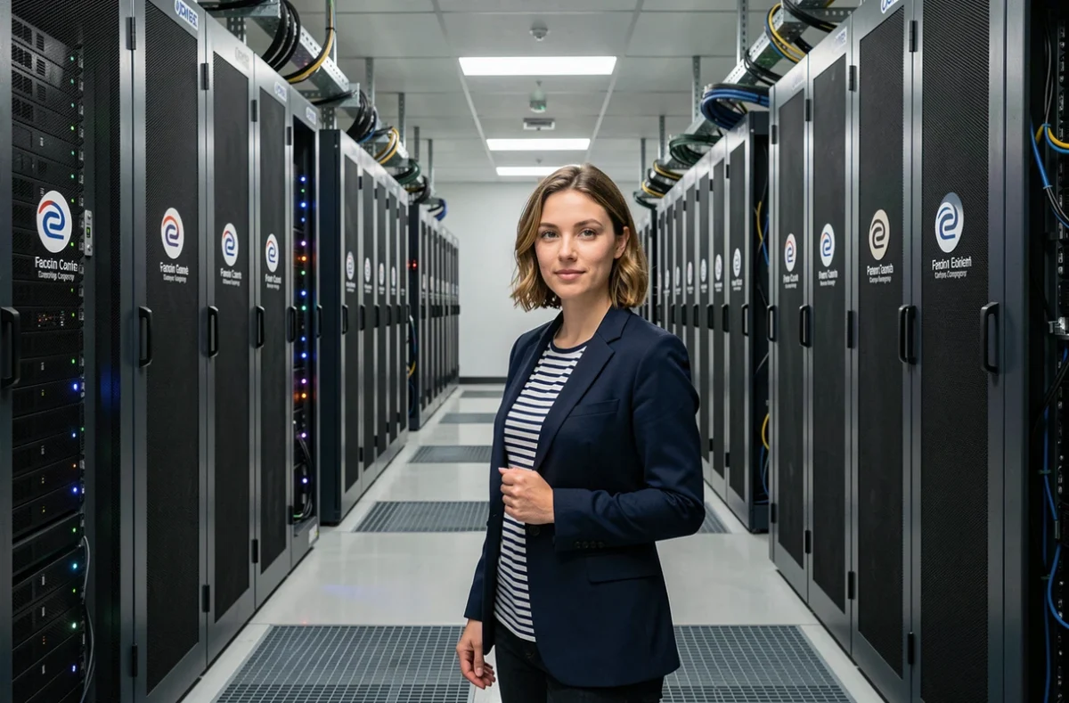 Développeuse web devant des serveurs d'un hébergeur français dans un data center professionnel