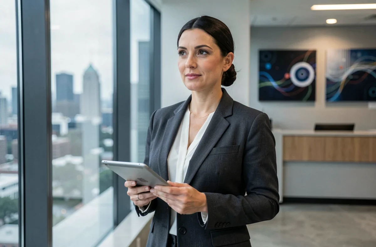 Dirigeante d'une entreprise technologique d'intelligence artificielle dans le hall d'un siège social de la Silicon Valley