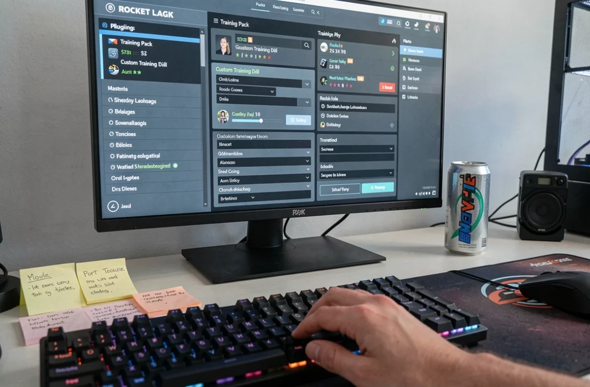 Écran de configuration de BakkesMod avec les menus de plugins et options d'entraînement pour progresser sur Rocket League