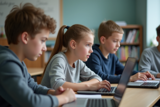 Groupe de collégiens français en classe moderne lors d'une discussion en ligne