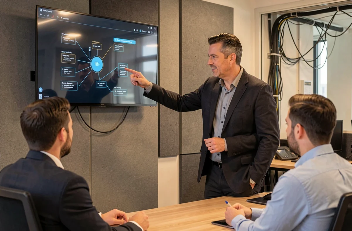 Consultant en solutions informatiques présentant un schéma d'infrastructure numérique à des collègues