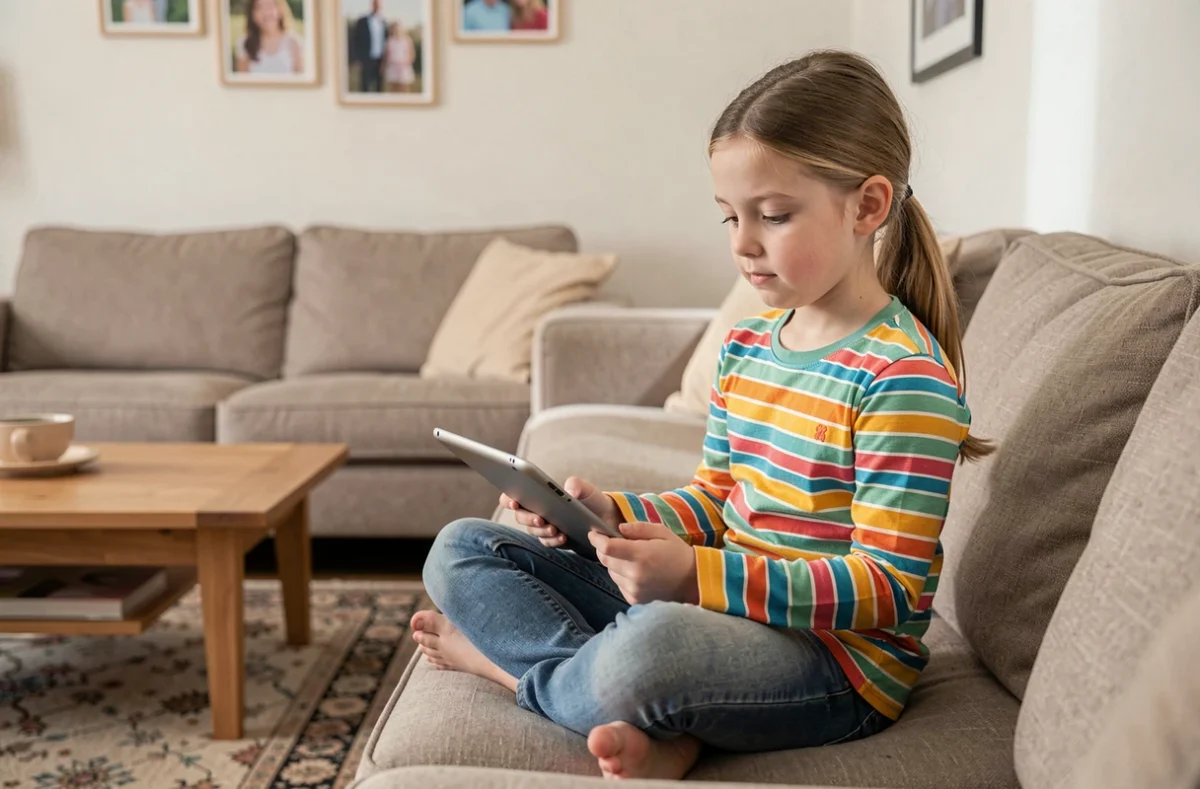 Une jeune fille utilise une tablette avec les paramètres de recherche sécurisée activés dans le salon
