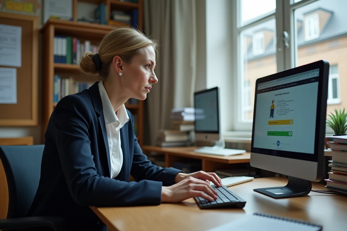 Enseignante attendant le chargement de l'intranet académique sur un ordinateur de bureau en salle des professeurs