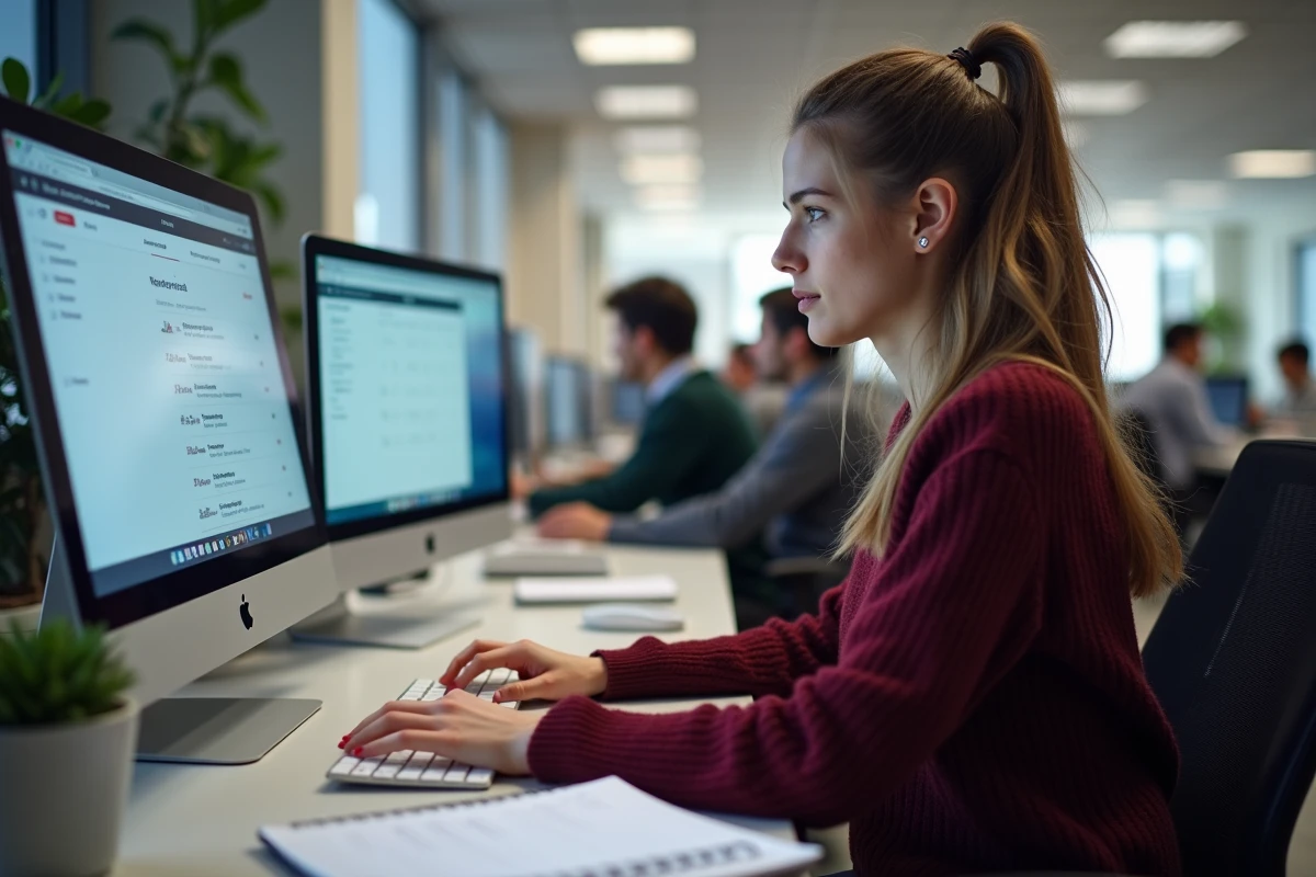 Enseignante gérant sa messagerie professionnelle académique Nantes sur ordinateur de bureau en open space scolaire