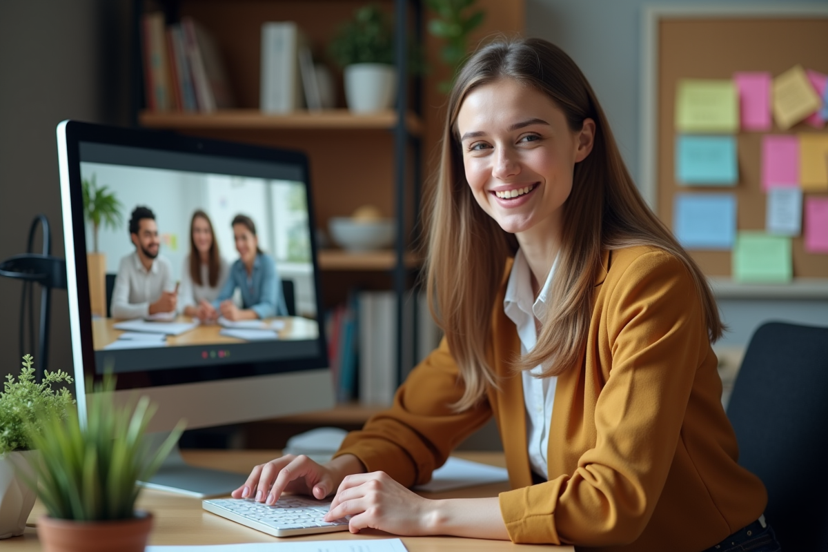 Jeune enseignante française guidant une classe virtuelle depuis son bureau