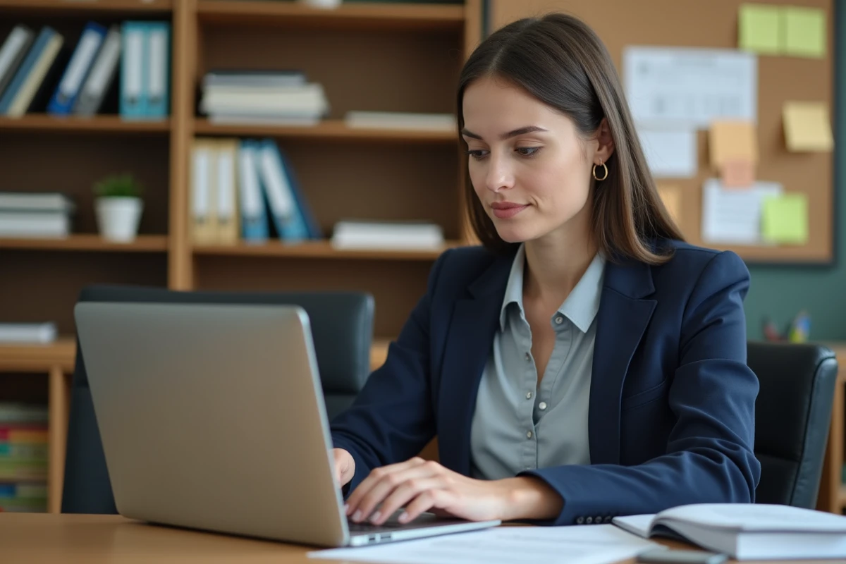 Enseignante utilisant le webmail académique de Nantes sur un ordinateur portable dans la salle des professeurs