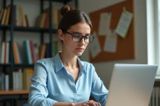 Enseignante utilisant la webmessagerie Versailles sur son ordinateur portable dans une salle des professeurs