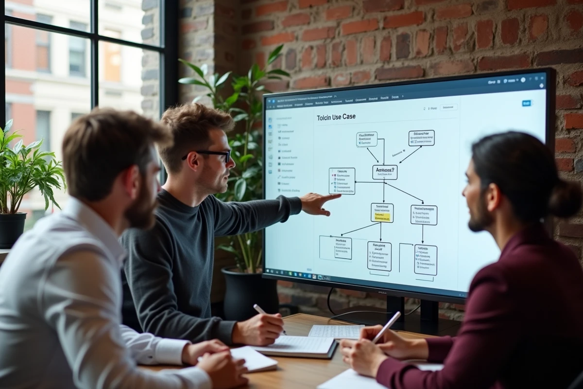 Équipe de trois professionnels analysant un diagramme de cas d'usage sur écran tactile dans une salle de réunion moderne