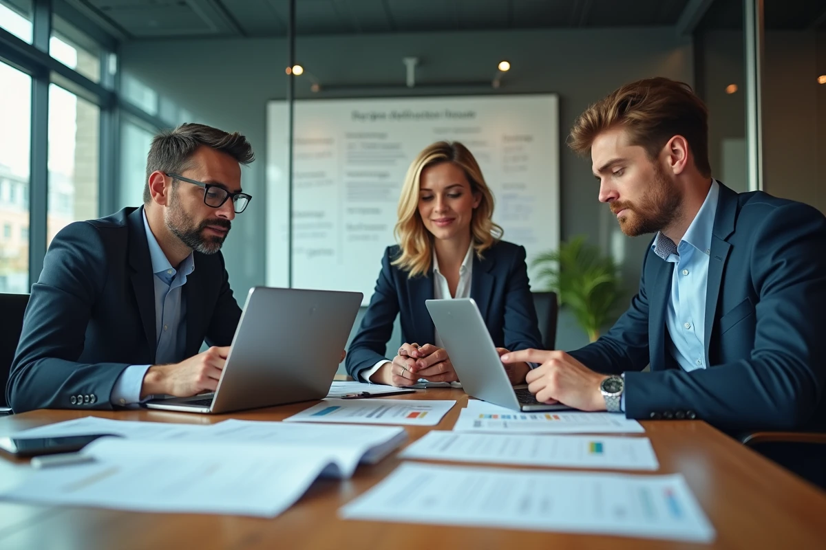 Équipe d'experts comptables en réunion de travail autour de tableaux de bord numériques