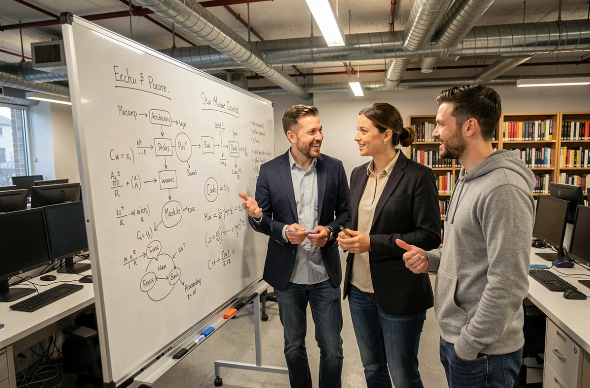 Équipe de chercheurs en intelligence artificielle discutant d'architectures de modèles devant un tableau blanc dans un laboratoire