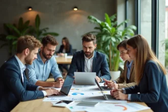 Équipe professionnelle réunie autour d'une table de réunion comparant des solutions logicielles sur ordinateurs portables et tablettes