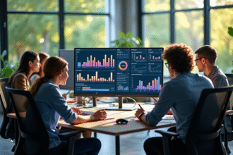 Equipe créative analysant des données SEO sur grand écran