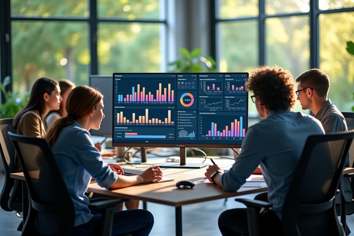 Equipe créative analysant des données SEO sur grand écran