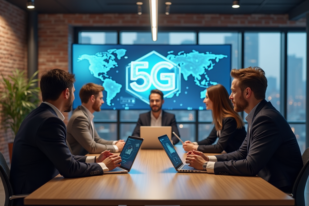 Groupe de professionnels autour d'une table moderne avec écrans 5G