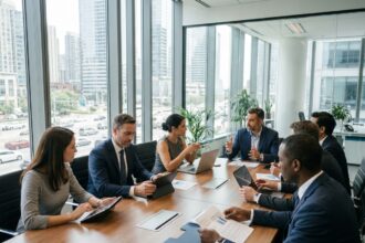 Groupe de professionnels en réunion dans un bureau moderne