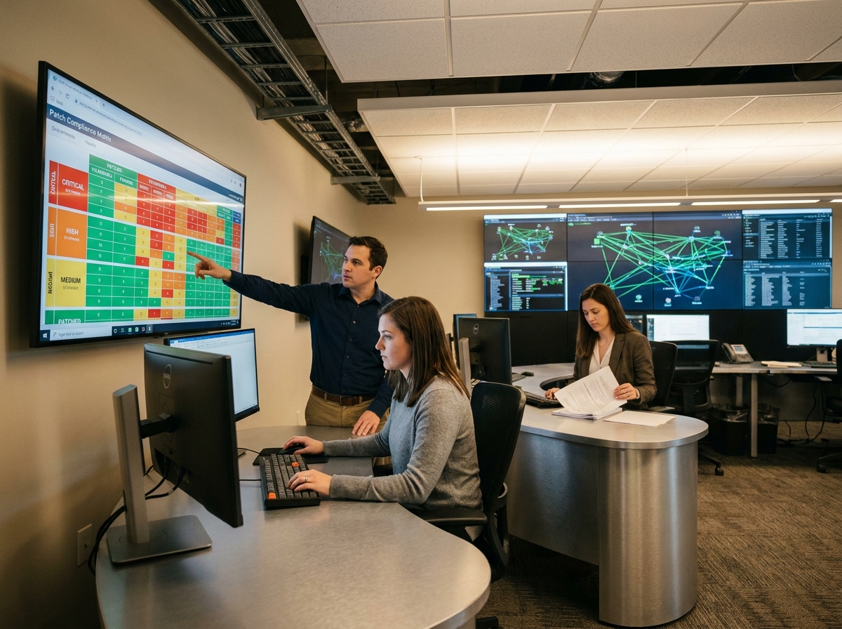 Équipe d'analystes en cybersécurité collaborant autour d'un tableau de conformité des patchs dans un centre d'opérations de sécurité