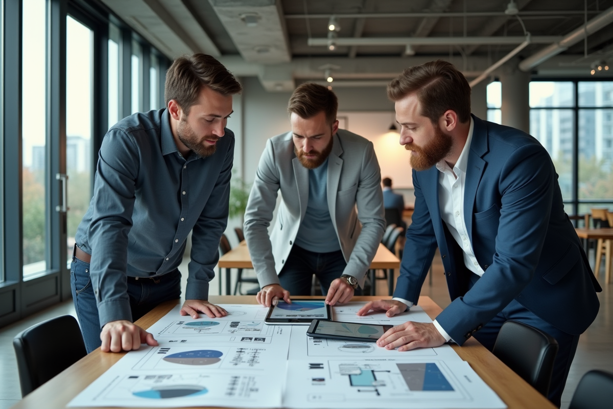 Groupe de trois professionnels discutant autour d