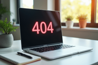Ordinateur portable affichant une erreur 404 dans un bureau lumineux