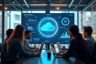 Espace de bureau moderne avec équipe collaborant autour d'ordinateurs