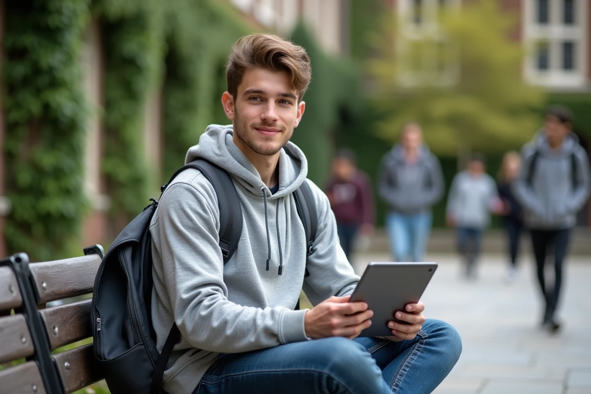Étudiant en campus universitaire accédant à sa messagerie académique mail ac Montpellier avec authentification à deux facteurs sur tablette