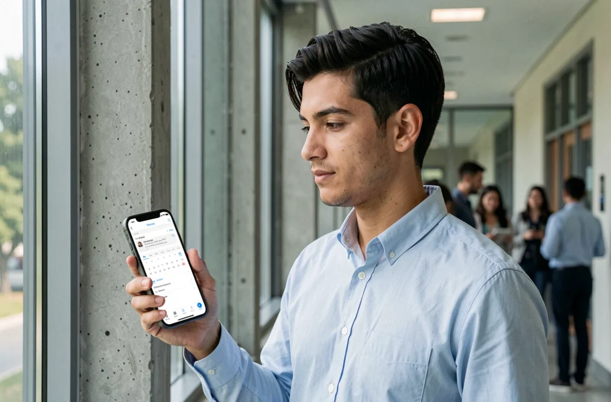 Étudiant en master consultant la messagerie Zimbra sur smartphone dans le couloir d'une grande école d'ingénieurs