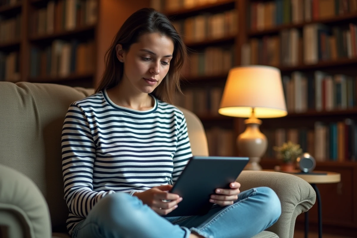 Étudiante française consultant un assistant IA en français sur tablette dans une bibliothèque universitaire