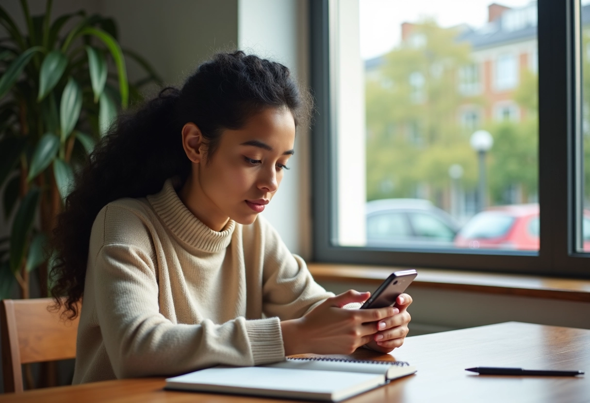 Jeune étudiante vérifiant son smartphone dans un espace d