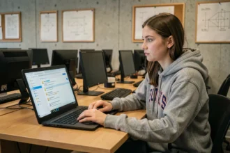Étudiante de Polytechnique consultant son interface Zimbra sur un ordinateur portable dans une salle informatique universitaire