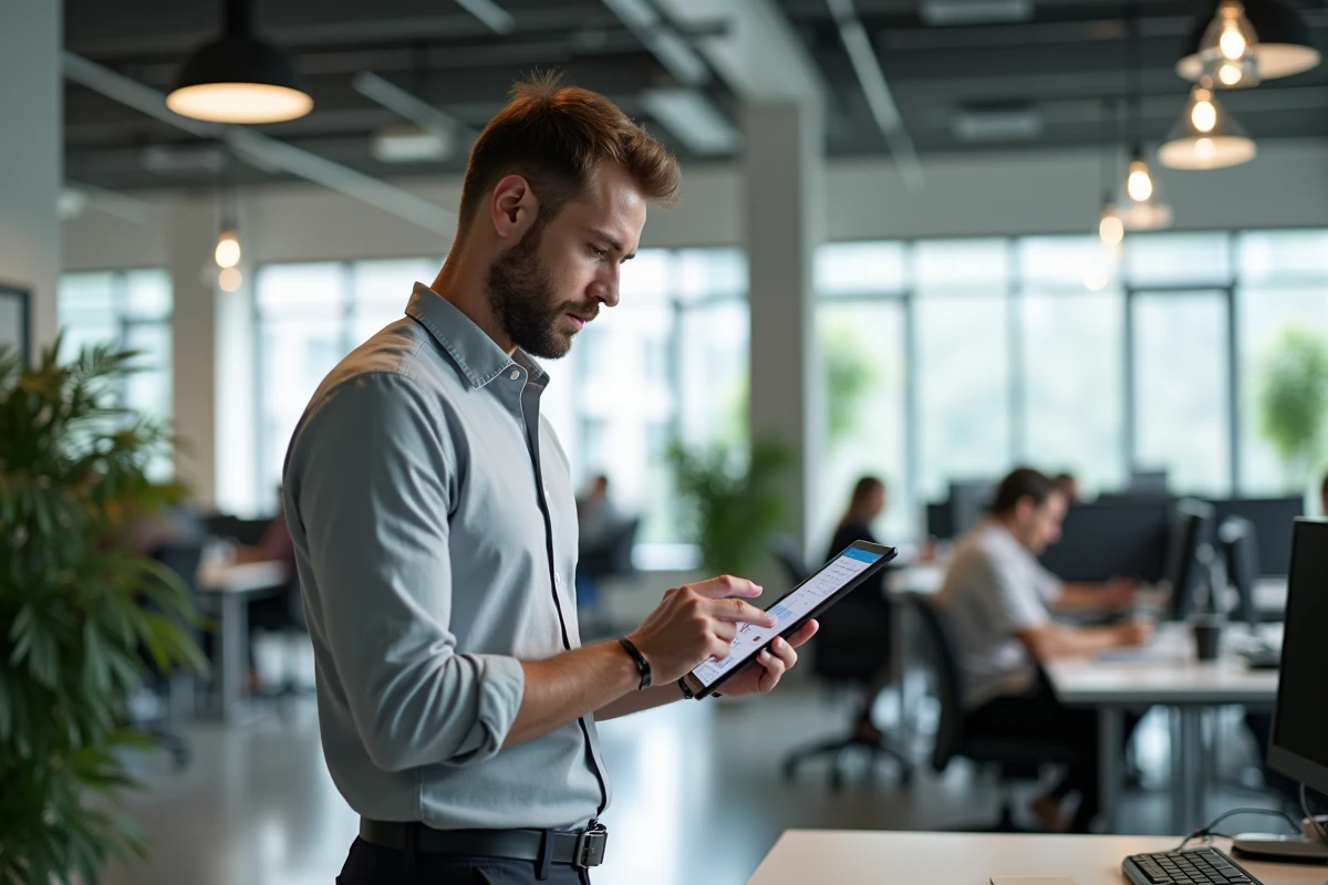 Expert comptable consultant une application de gestion de cabinet sur tablette en bureau open space