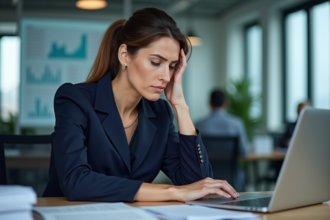 Femme d'affaires stressée travaillant sur un ordinateur en bureau