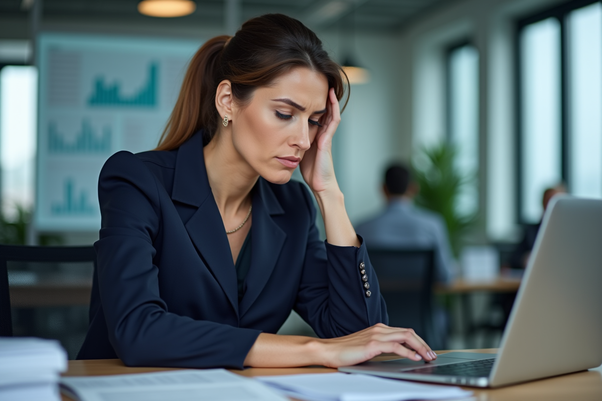 Femme d'affaires stressée travaillant sur un ordinateur en bureau