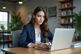 Jeune femme en bureau analysant des données SEO