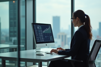 Femme confiante analysant des graphiques de données en bureau