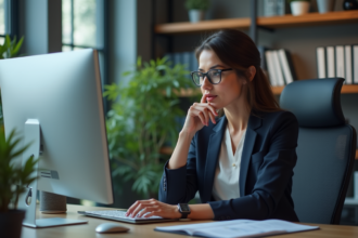 Femme professionnelle analysant des données digitales en bureau