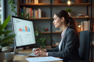 Jeune femme en blazer analysant des données SEO sur un écran