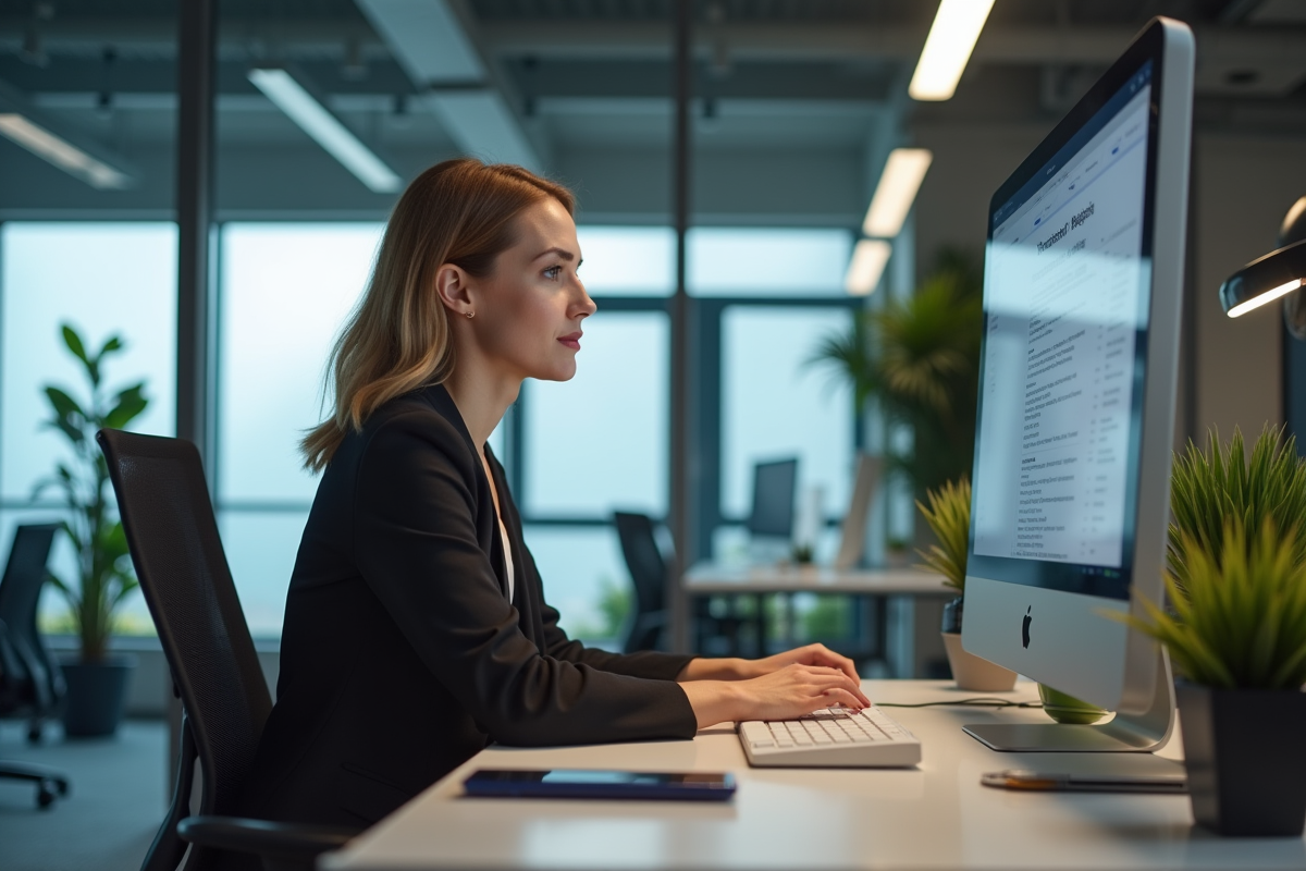 Femme professionnelle analysant un rapport SEO au bureau