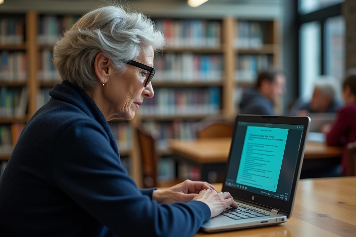 Femme utilisant un ancien système d'exploitation sur un ordinateur portable dans une bibliothèque
