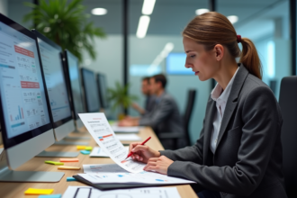 Femme d'âge moyen analysant un tableau dans un bureau moderne