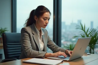 Femme concentrée au bureau moderne avec ordinateur et notes