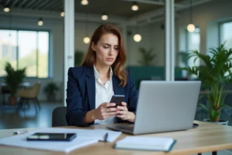 Jeune femme en bureau vérifiant son smartphone