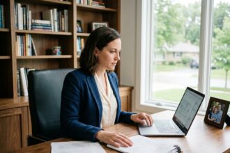 Femme d affaires dans son bureau consultat des documents immobiliers
