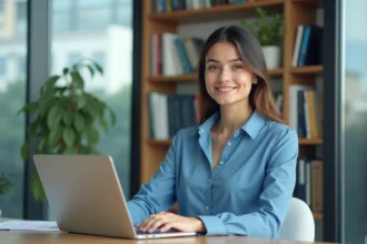 Jeune femme professionnelle travaillant sur un ordinateur dans un bureau lumineux