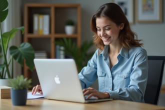 Jeune femme au bureau avec ordinateur portable et dossier confidentiel